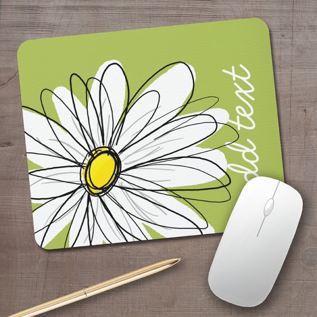 Trendy Daisy Floral Illustration - Limon und gelb Mousepad (Whimsical daisy mouse pad with your name)