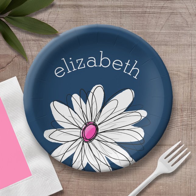 Trendy Daisy Floral Illustration - Marine und Rosa Pappteller (Personalized party plate with area for name - whimsical daisy )