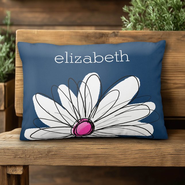 Trendy Daisy Floral Illustration - Marine und Rosa Zierkissen (Custom Pillow)