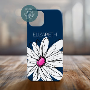 Trendy Daisy Floral Illustration - navy pink iPhone 15 Hülle