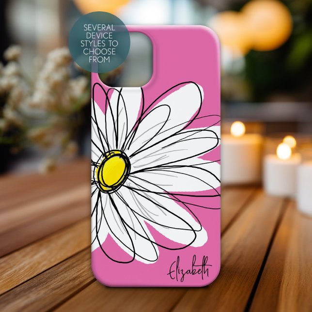 Trendy Daisy Floral Illustration - rosa gelb Case-Mate iPhone Hülle (Personalized Phone Case with Whimsical Daisy and Custom Name)