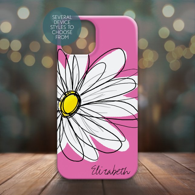 Trendy Daisy Floral Illustration - rosa gelb Case-Mate iPhone Hülle (Personalized Phone Case - Whimsical Daisy with Custom Name)
