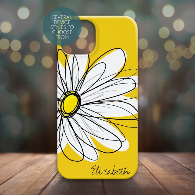 Trendy Daisy Floral Illustration - schwarz und gel Case-Mate iPhone Hülle (Personalized Phone Case - Whimsical Daisy with Custom Name)