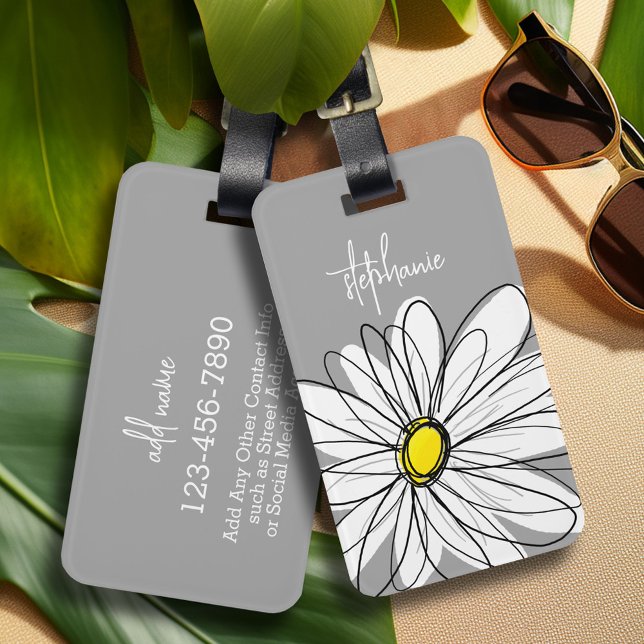 Trendy Daisy mit grau und gelb Gepäckanhänger (Whimsical Daisy personalized luggage tag)