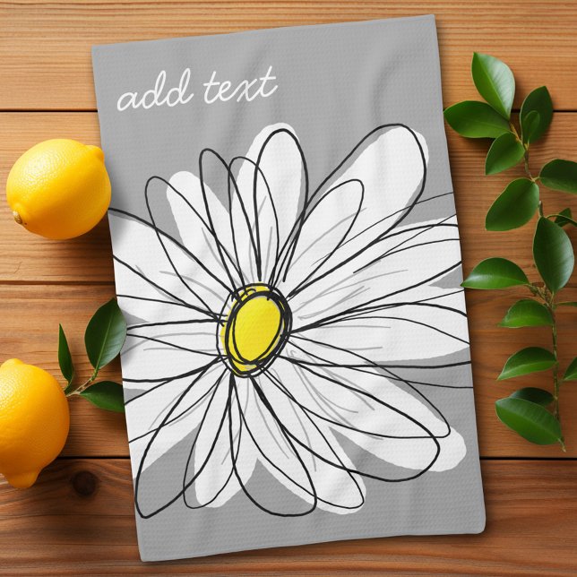 Trendy Daisy mit grau und gelb Geschirrtuch (Whimsical Daisy Kitchen Towel with a place to personalize - makes a great gift)