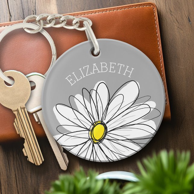 Trendy Daisy mit grau und gelb Schlüsselanhänger (Personalized Keychain - Keyring with whimsical daisy)