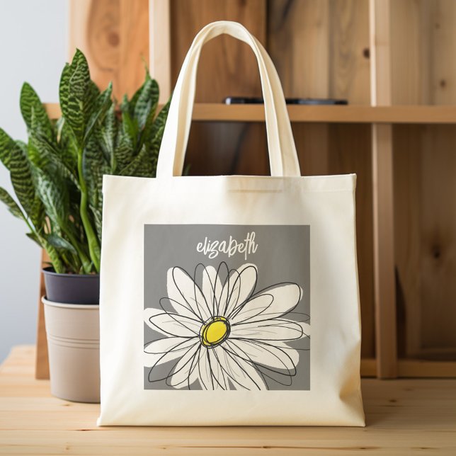 Trendy Daisy mit grau und gelb Tragetasche (Personalized tote bag - whimsical daisy and name)