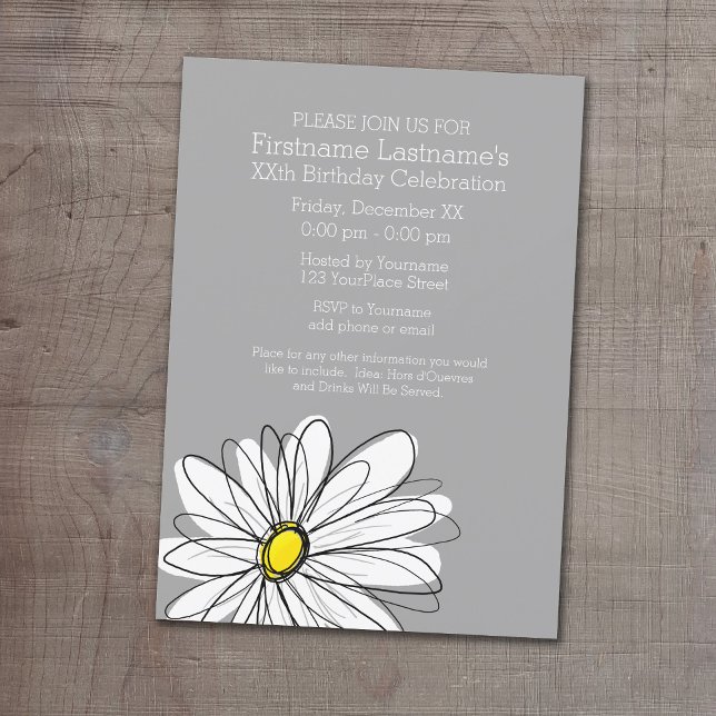 Trendy Daisy mit graugelber Geburtstagsparty Einladung (Birthday Party Invitation with a Whimsical Daisy)
