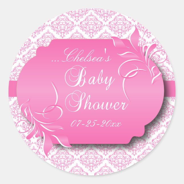 Trendy Damask und Pink für eine Babydusche Runder Aufkleber (Vorderseite)