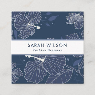 Trendy Dark Blue White Hibiskus Blume QR Code Quadratische Visitenkarte