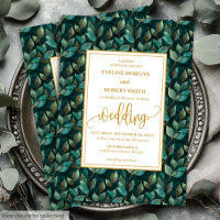 Trendy Dark Green Gold Eucalyptus Wedding Invites