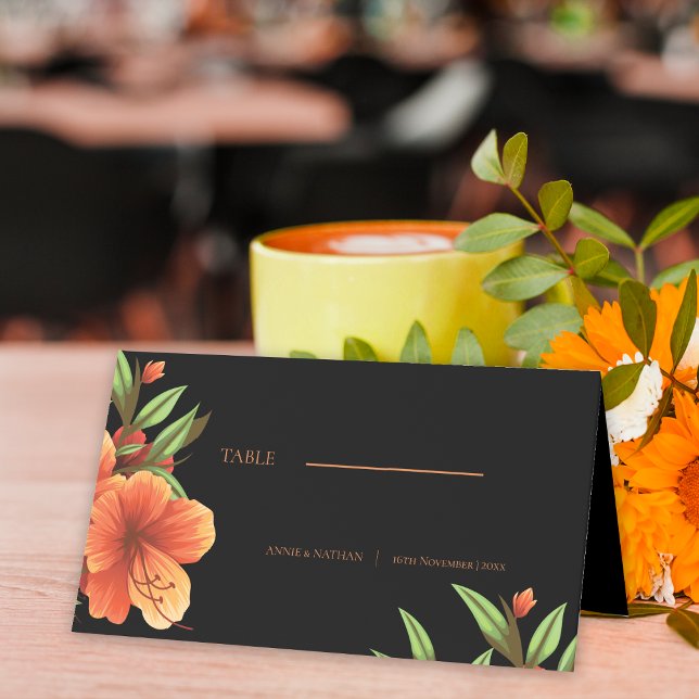 Trendy Dark Moody Orange Floral Wedding Platzkarte (Trendy Dark Moody Orange Floral Wedding Place Card)