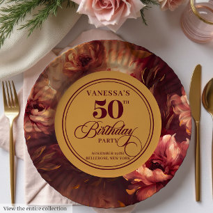 Trendy Dark Red Blush Gold Blume 50. Geburtstag Pappteller