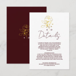Trendy Deep Burgundy Gold Monogram Wedding Details Begleitkarte