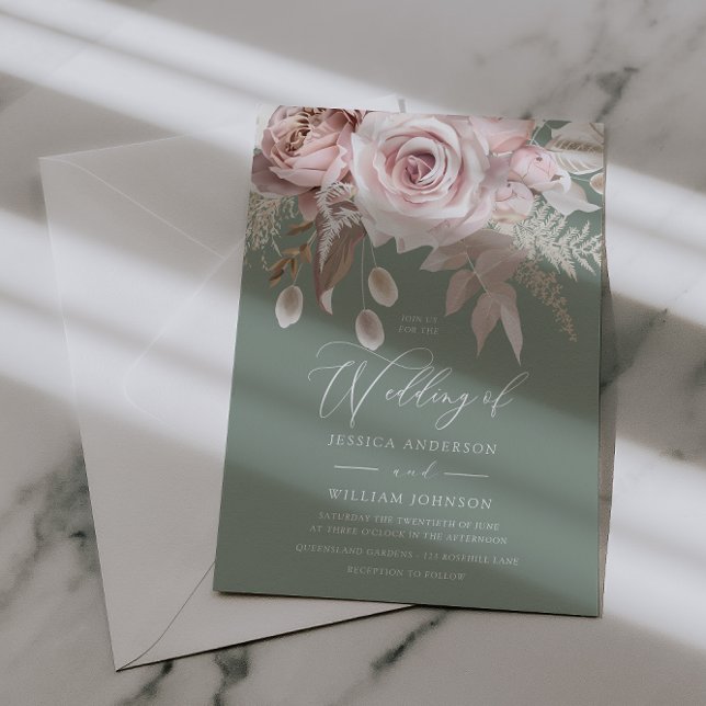Trendy Designer Blush & Sage Wedding Einladung (Von Creator hochgeladen)