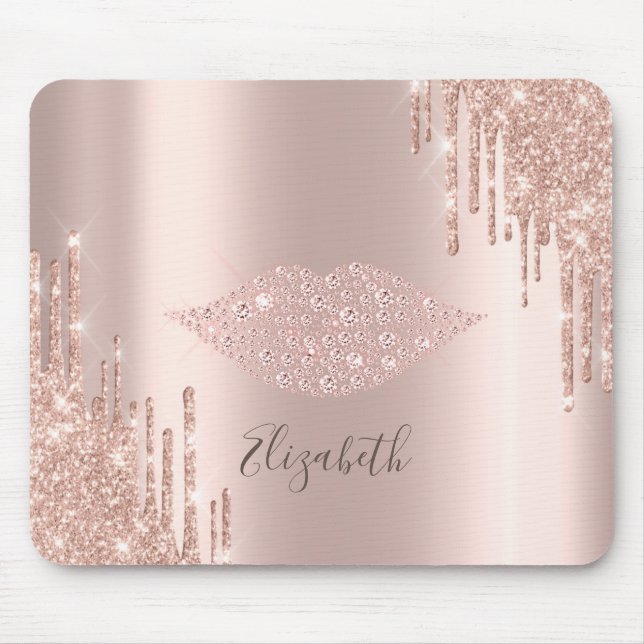 Trendy Diamonds Lips Rose Gold Glitzer Tropfen Mousepad (Vorne)
