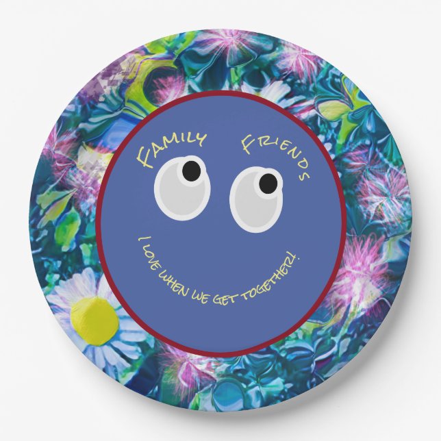 Trendy Digital Field of Wildblumen, Happy Face Pappteller (Vorderseite)