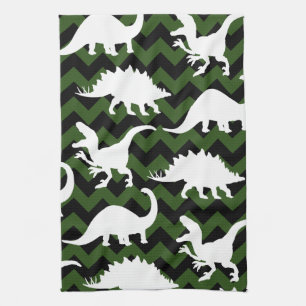 Trendy Dinosaurier Silhouetten & Green Chevrons Geschirrtuch