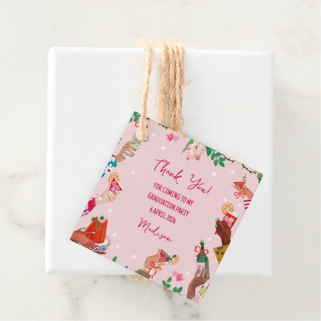 Trendy Doodle Cheers to Grad Photo Thank You Card Geschenkanhänger (Beispiel)