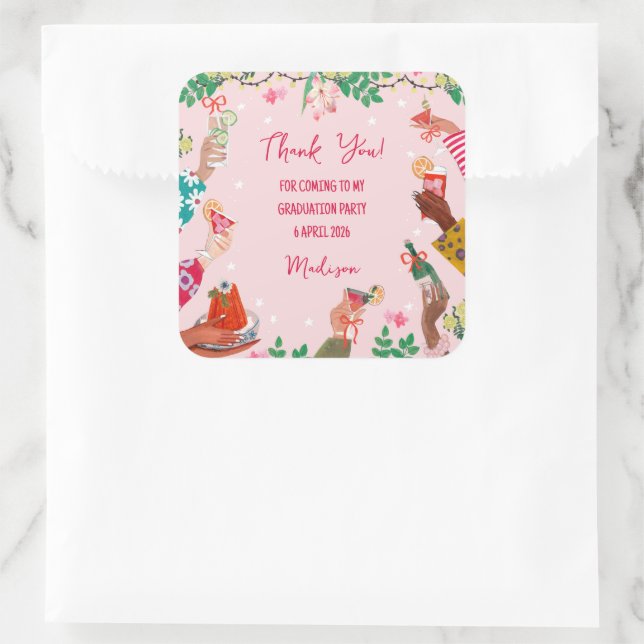 Trendy Doodle Cheers to Grad Photo Thank You Quadratischer Aufkleber (Tasche)