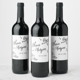 Trendy Doodle Script Ribbon Wedding Weinetikett