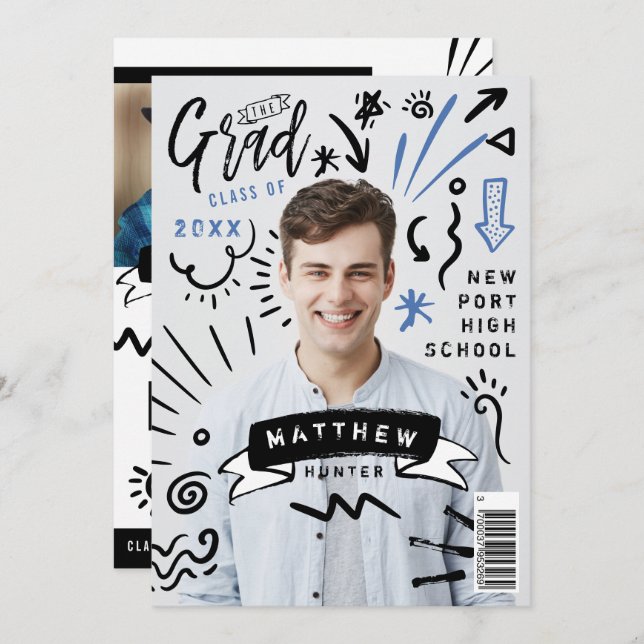 Trendy Doodle Sketch Magazine Cover Boy Grad Party Einladung (Vorne/Hinten)