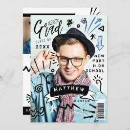 Trendy Doodle Sketch Magazine Cover Boy Grad Party Einladung