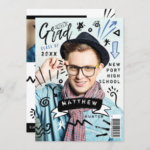Trendy Doodle Sketch Magazine Cover Boy Grad Party Einladung