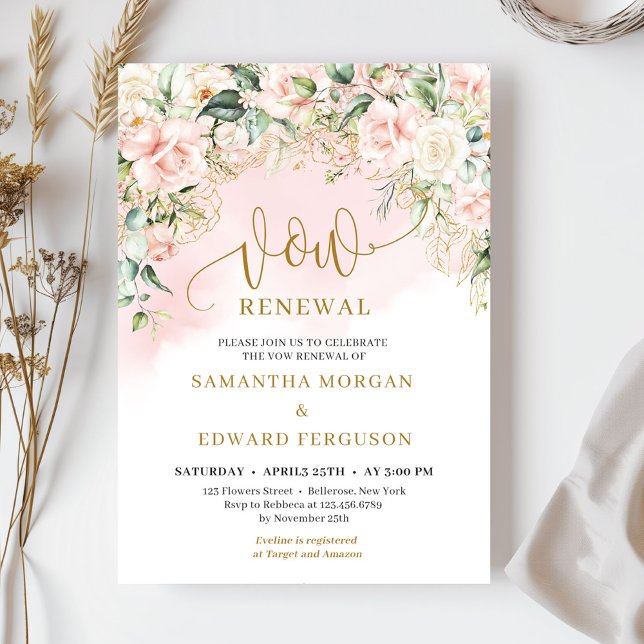 Trendy Drehbuch Softrosa Rosen und Gold Gelöbnis E Einladung (Ethereal bohemian pink roses sage eucalyptus and gold vow renewal invitation )