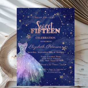 Trendy Dress Stars Navy Blue Holographic Sweet 15 Einladung