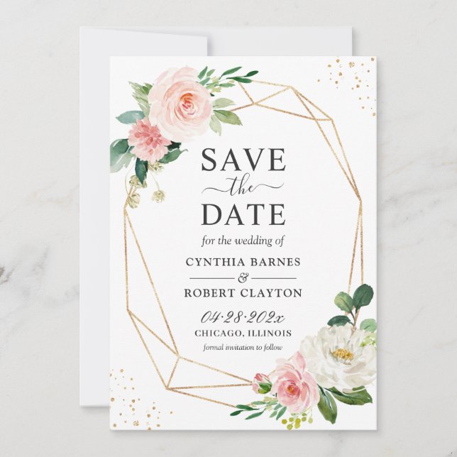 Trendy Dusty Blue Blush Pink Floral Gold Geometric Save The Date (Vorderseite)