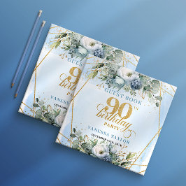 Trendy Dusty Blue Flowers Glitter Frame 90th Gästebuch