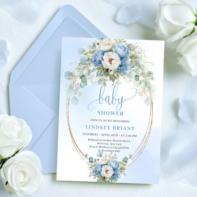 Trendy Dusty Blue Flowers Gold Baby Shower Card Einladung (Trendy Dusty Blue Flowers Gold Baby Shower Card

)