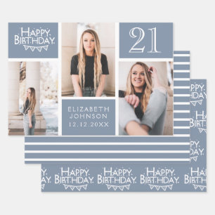 Trendy Dusty Blue Foto Collage 21. Geburtstag Geschenkpapier Set