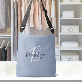 Trendy Dusty Blue Schwarz-weiß Script Monogram Tragetaschen Mit Langen Trägern