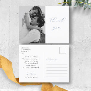Trendy Dusty Blue Script Foto Wedding Vielen Dank Postkarte