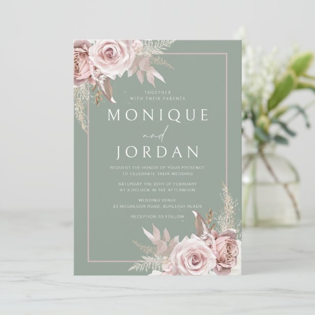 Trendy Dusty Rose Blush & Sage Wedding Einladung (Stehend Vorderseite)