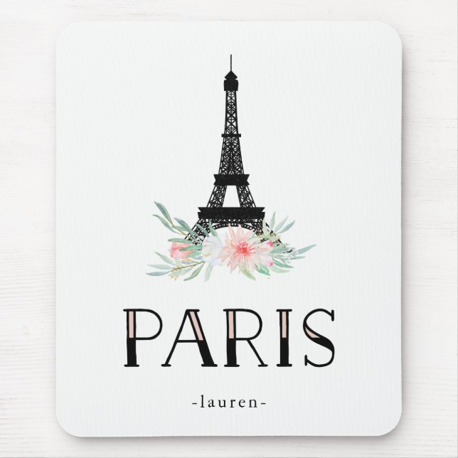 Trendy Eiffel-Turm und erröten rosa Blumen | Paris Mousepad (Vorne)