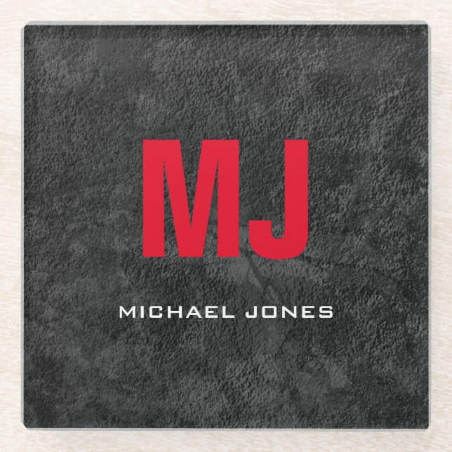 Trendy einzigartige graurote Monogramm Ihr Name Glasuntersetzer (Vorderseite)