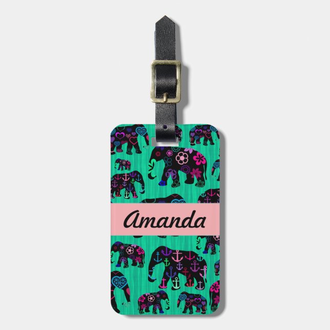 Trendy Elefant-Blumen-Anker-Herz-Monogramm Gepäckanhänger (Vorderseite vertikal)