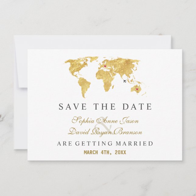 Trendy Elegant Destination Gold Weltkarte Hochzeit Save The Date (Vorderseite)