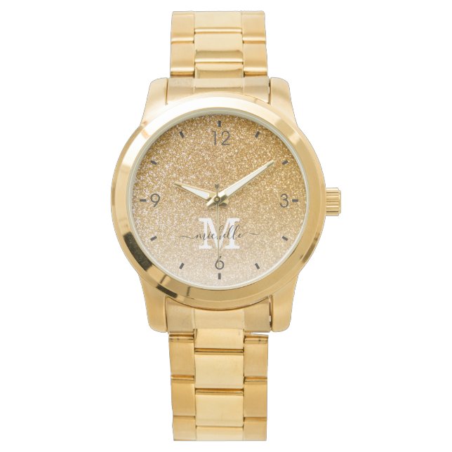 Trendy Elegant Gold Glitzer Monogram Vorname Armbanduhr (Vorderseite)