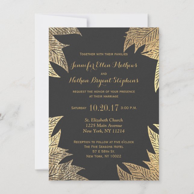 Trendy Elegant Gold Imitate Gezeichnet Leaf Muster Einladung (Vorderseite)