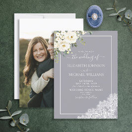 Trendy Elegant Gray Rustic Script Foto Wedding Einladung