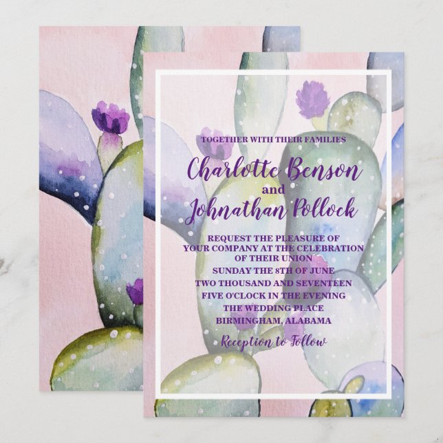 Trendy Elegant Watercolor Cactus Wedding Einladung (Vorne/Hinten)