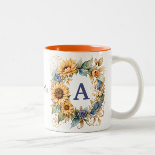 Trendy Elegant Watercolor Sonnenblumen Monogram Na Zweifarbige Tasse