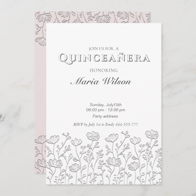 Trendy Embossy moderne Blumenpracht Quinceañera Einladung (Vorne/Hinten)