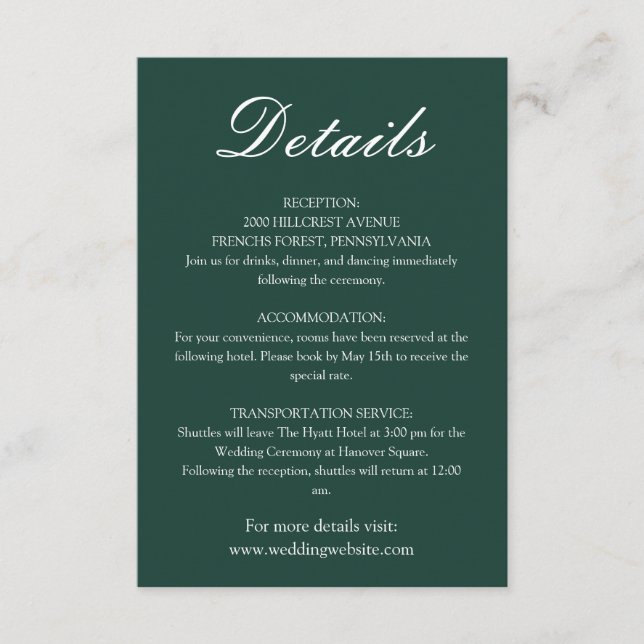 Trendy Emerald Green Minimalistisch Wedding Begleitkarte (Vorderseite)