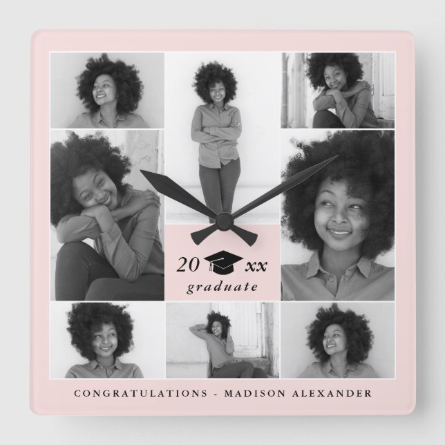 Trendy erröten Abschluss-Kappen-Foto-Collage Quadratische Wanduhr (Vorderseite)