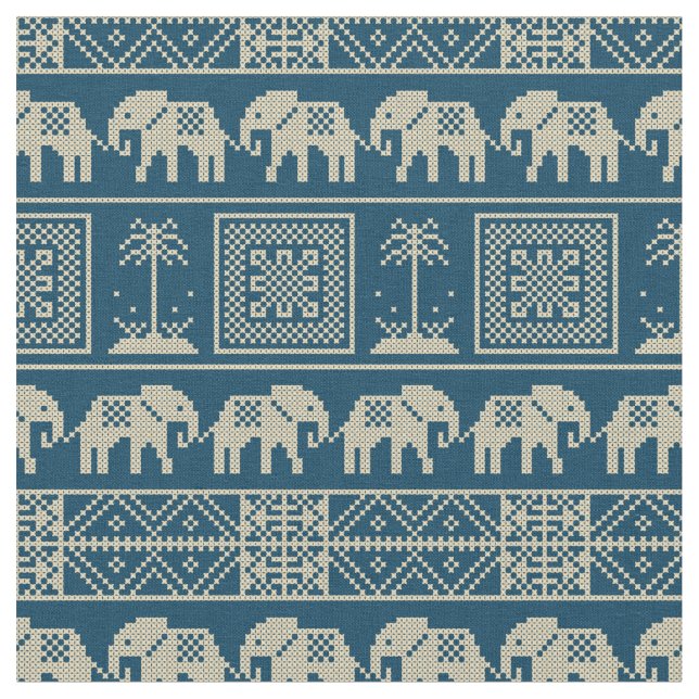 Trendy Ethnic Elephants Blau und Weiß Muster Stoff (Nahaufnahme)